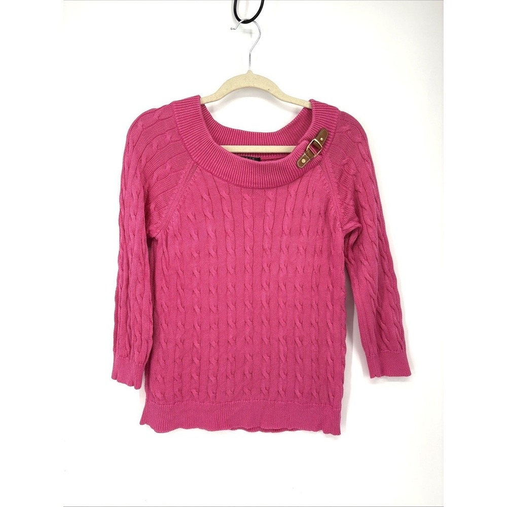 LAUREN Ralph Lauren Cable Knit Sweater Petite Large Pink Horsebit Buckle